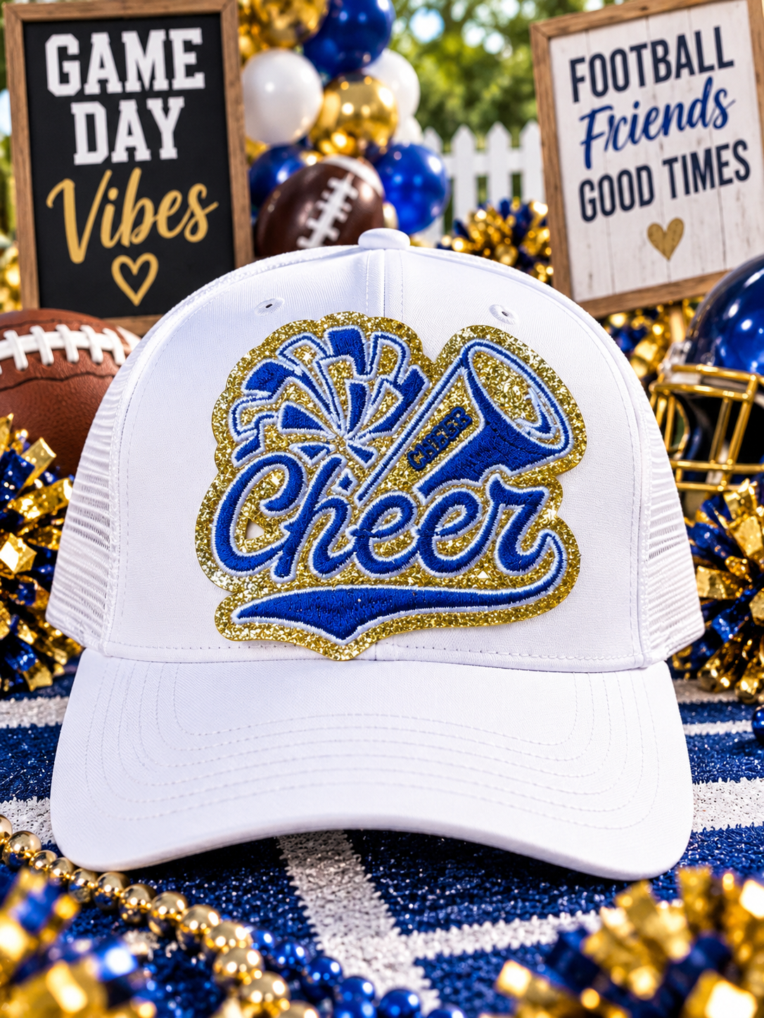 Cheer Embroidered Glitter Patch: Blue and Gold Iron-On DIY Applique (3.5 inch)