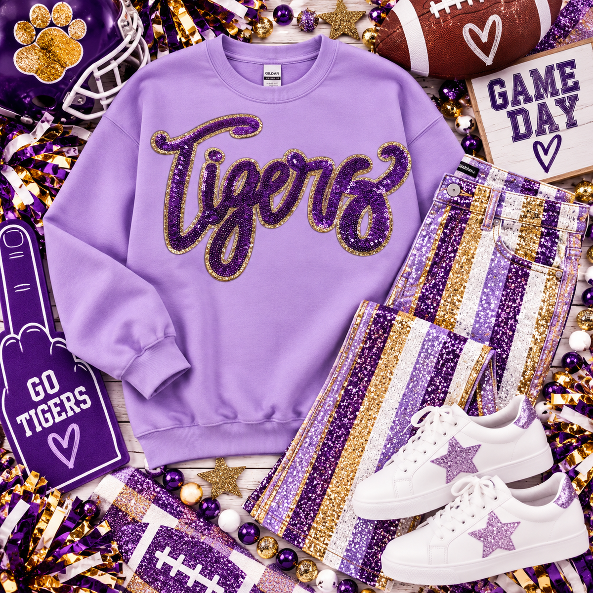 Tigers Purple Game Day Sequin Patch, Sequin Star Patch, DIY patch, Iron on Patch, Gold glitter backing