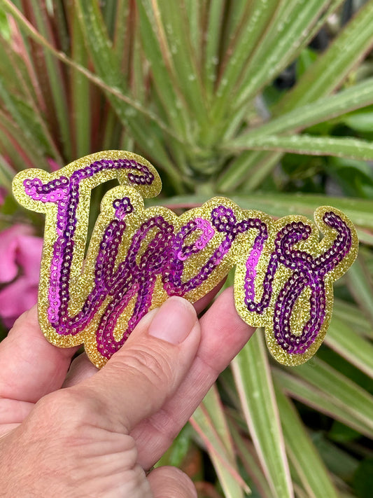 Tigers Patch, 4" Trucker Hat Patch, Sequin Patch, Football Patch, Tigers Purple Game Day, Sequin Patch,  DIY, Iron on Patch, Gold glitter backing