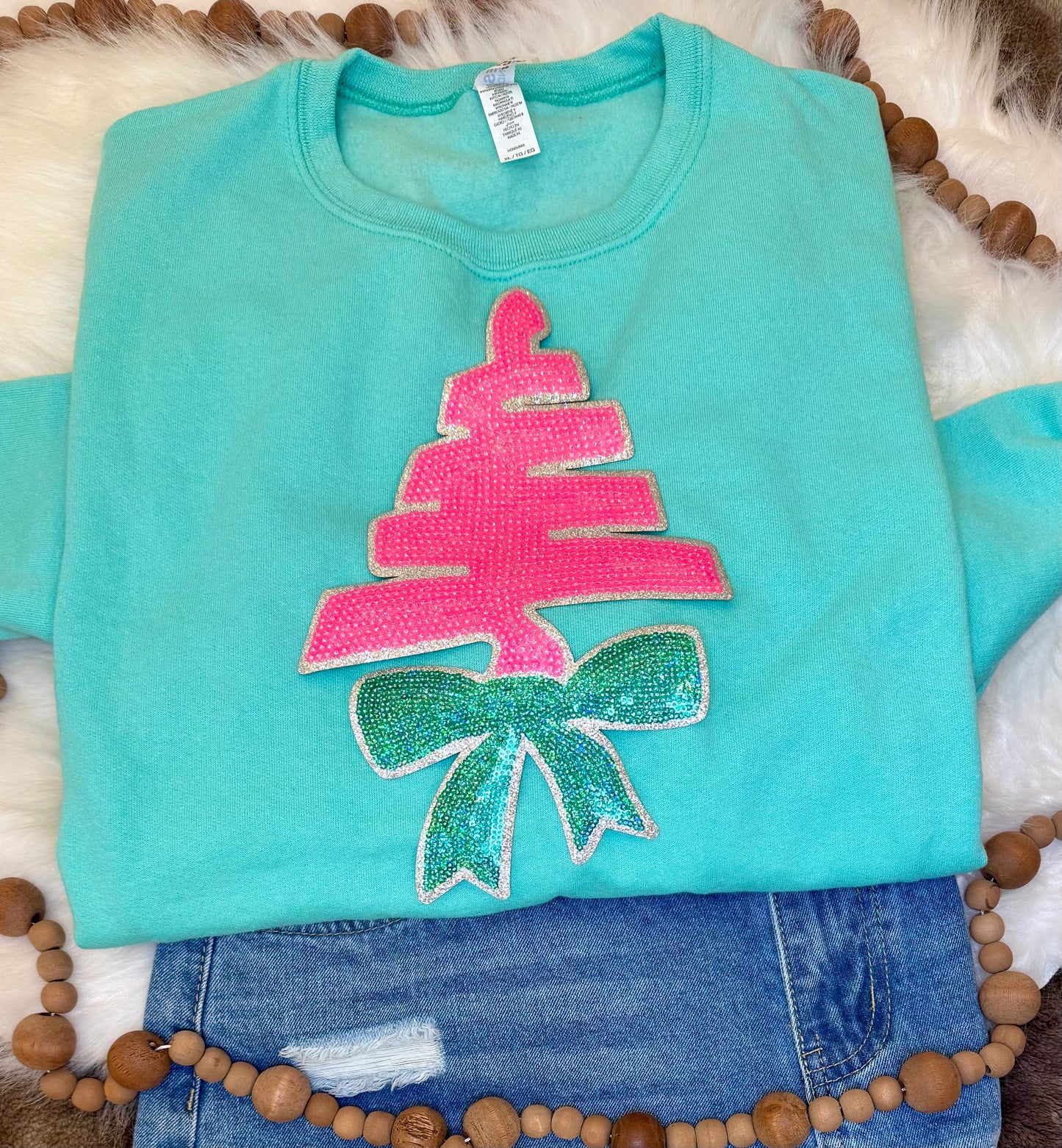 Christmas Tree Sequin Patch, Pink and Green Patch- Iron on Applique (11 inch)