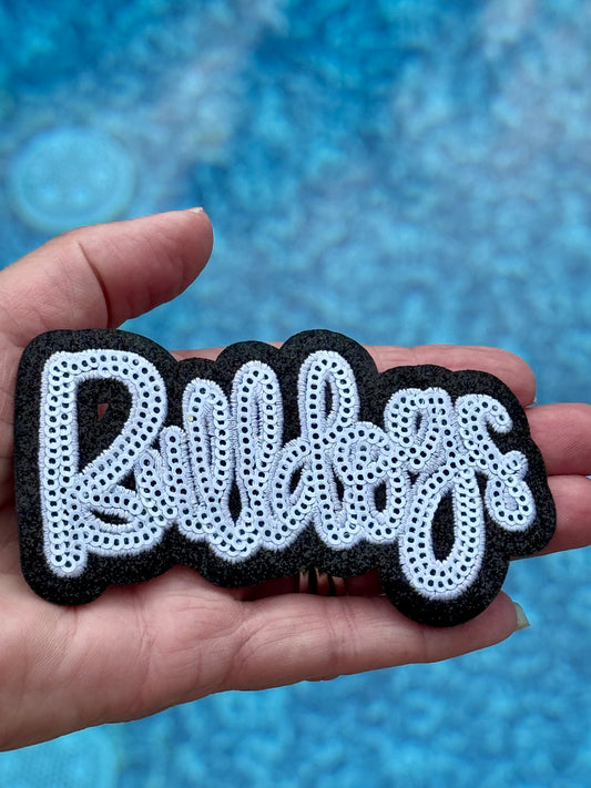 Bulldogs Patch, 4" Trucker Hat Patch, Sequin Patch, White Sequin Bulldogs Patch, Black Glitter Backing, Iron On Patch, Game Day Patch, Mascot Patch, DIY Patch