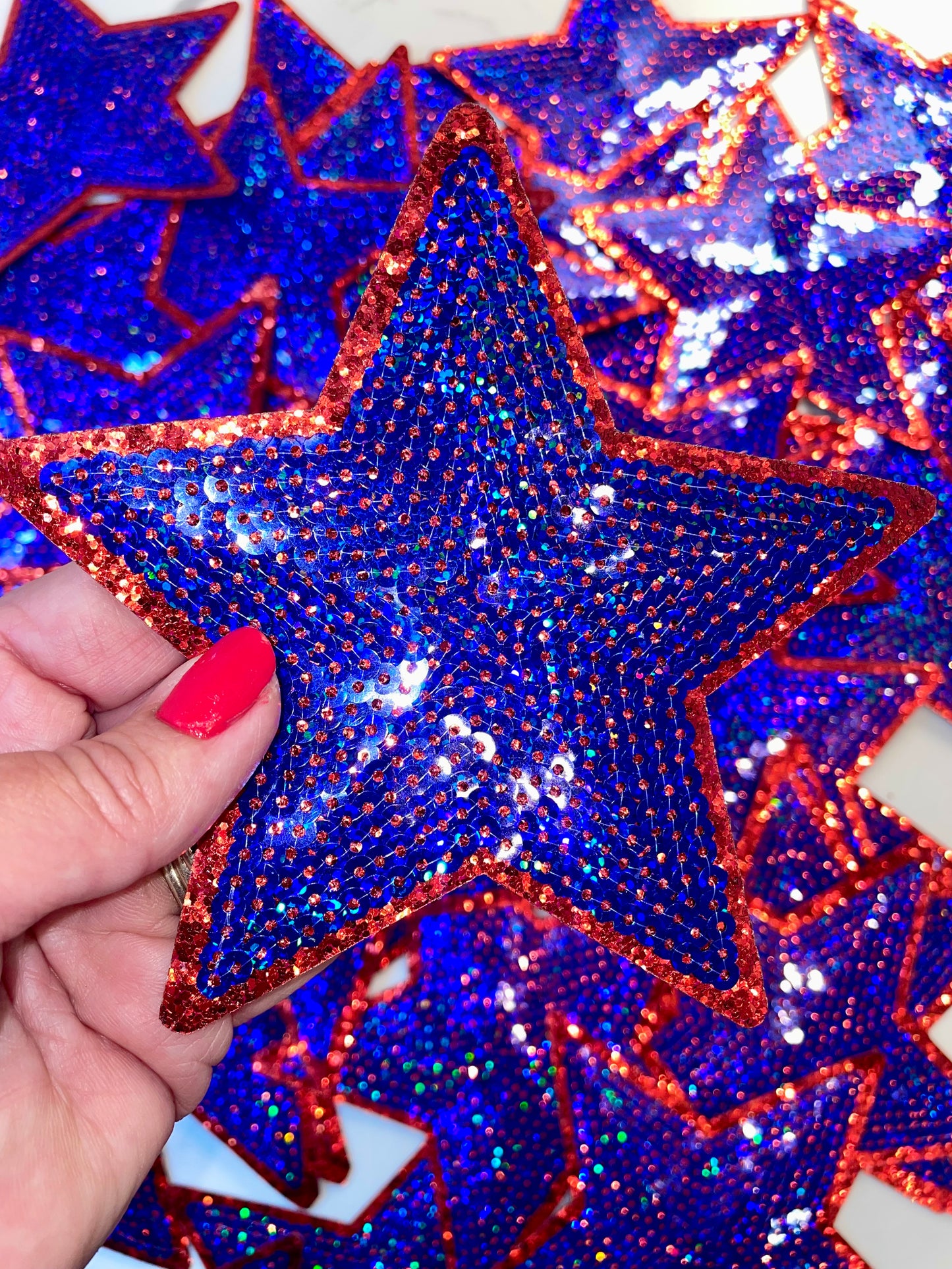 Touch Down Royal Blue Game Day Chenille Patch, Sequin Star Patch, DIY patch, Iron on Patch, Red glitter backing