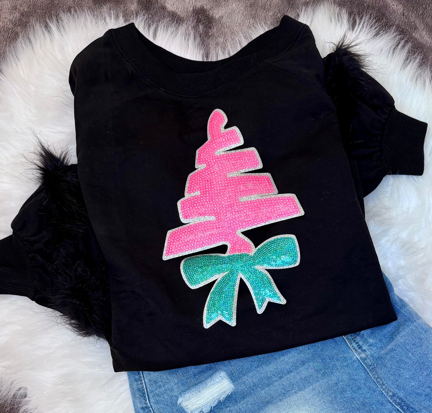 Christmas Tree Sequin Patch, Pink and Green Patch- Iron on Applique (11 inch)