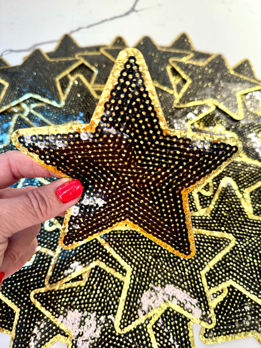 Star Patch, Sequin Star Patch, Black and Gold 5" Sequin Star Patch, Iron on Patch, DIY, Trucker Hat Patch, Preppy Patch Trendy Patch Patch, Sequin Star