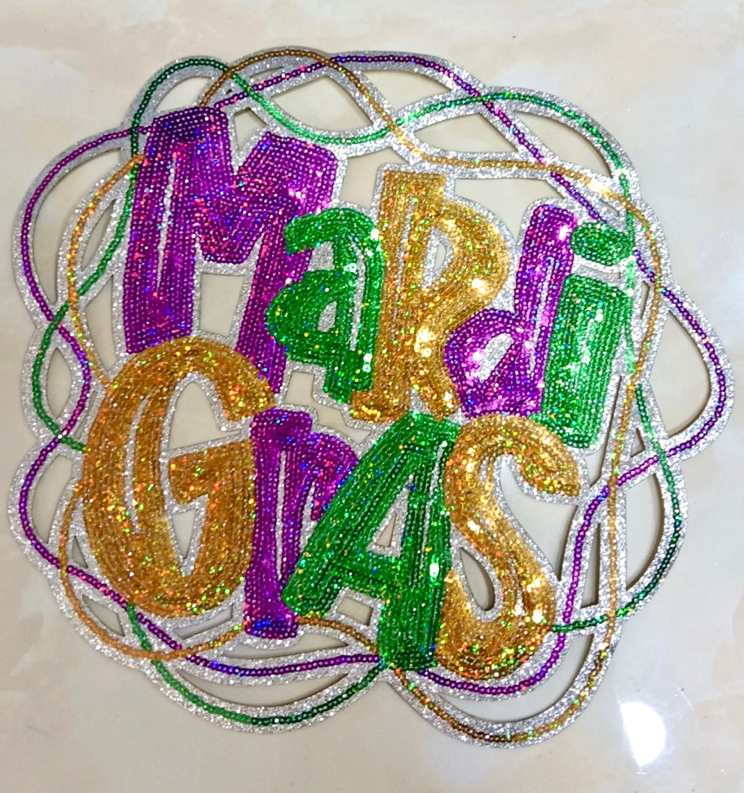 Mardi Gras Patch, 11", Mardi Gras Beads Patch, Sequin Mardi Gras Patch, Sequin Patch, Carnival Patch, Glitter Patch, Iron on Patch, DIY, Mardi Gras Attire, Sequin Patch