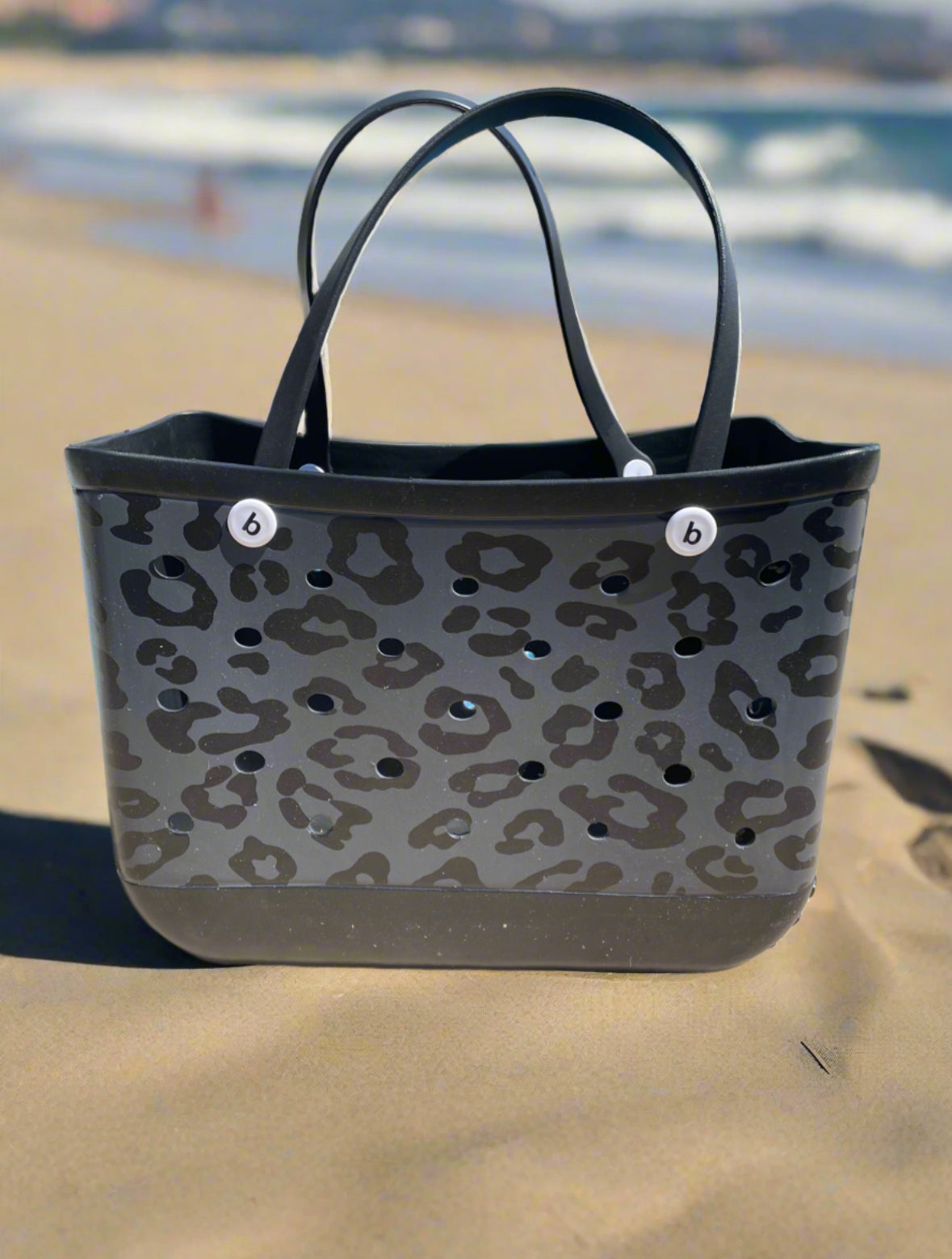 Beach Bag, Black on Black Leopard Rubber Beach Bag, Beach Trip, Everyday Use, Shopping Tote