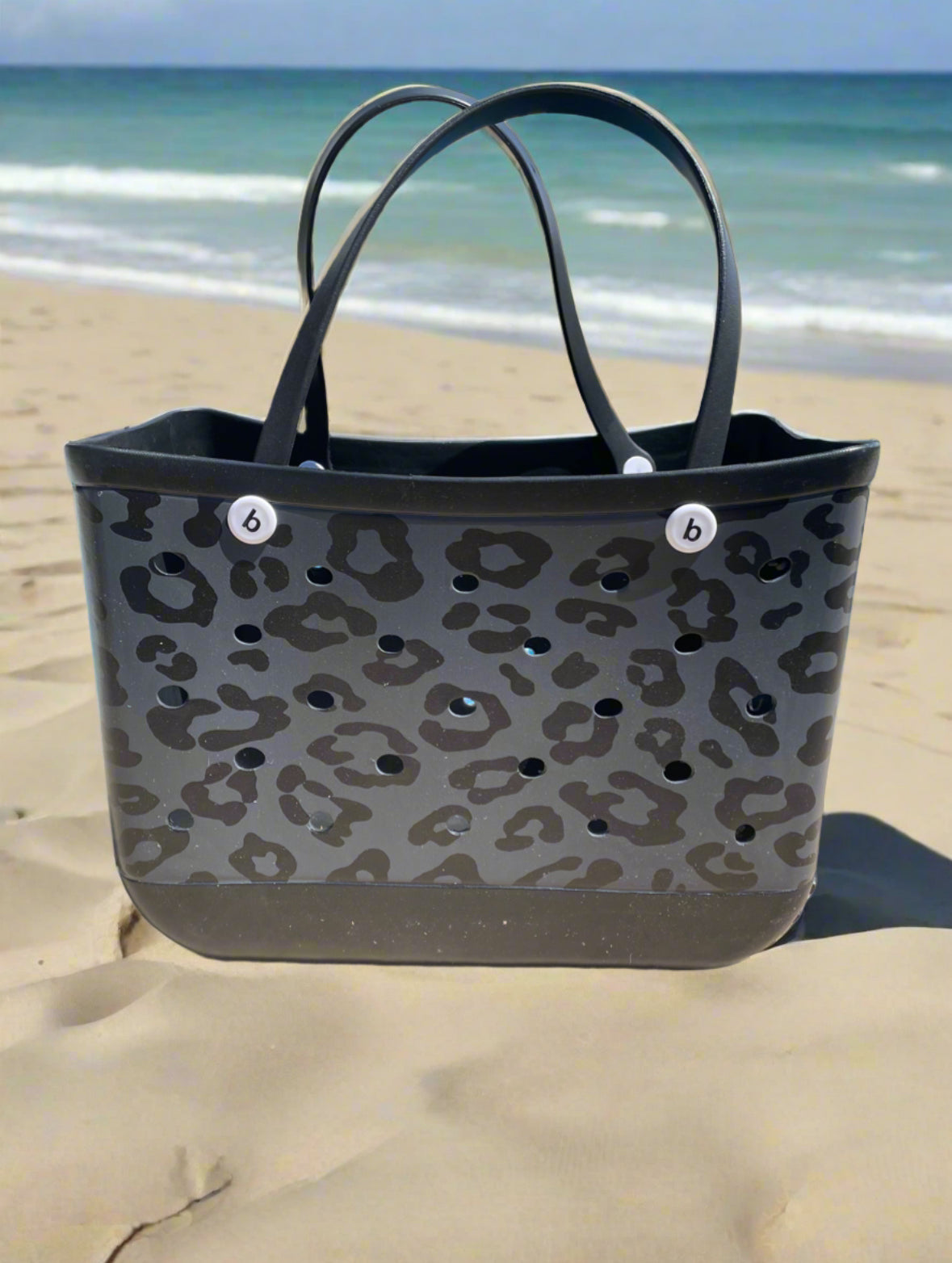 Beach Bag, Black on Black Leopard Rubber Beach Bag, Beach Trip, Everyday Use, Shopping Tote