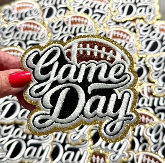 Game Day Patch. Football Patch,Trucker Hat Patch, Glitter Patch, Iron On Patch, Sports Patch, Game Day Patch, Patch for Hat, DIY, White embroidered  Patch