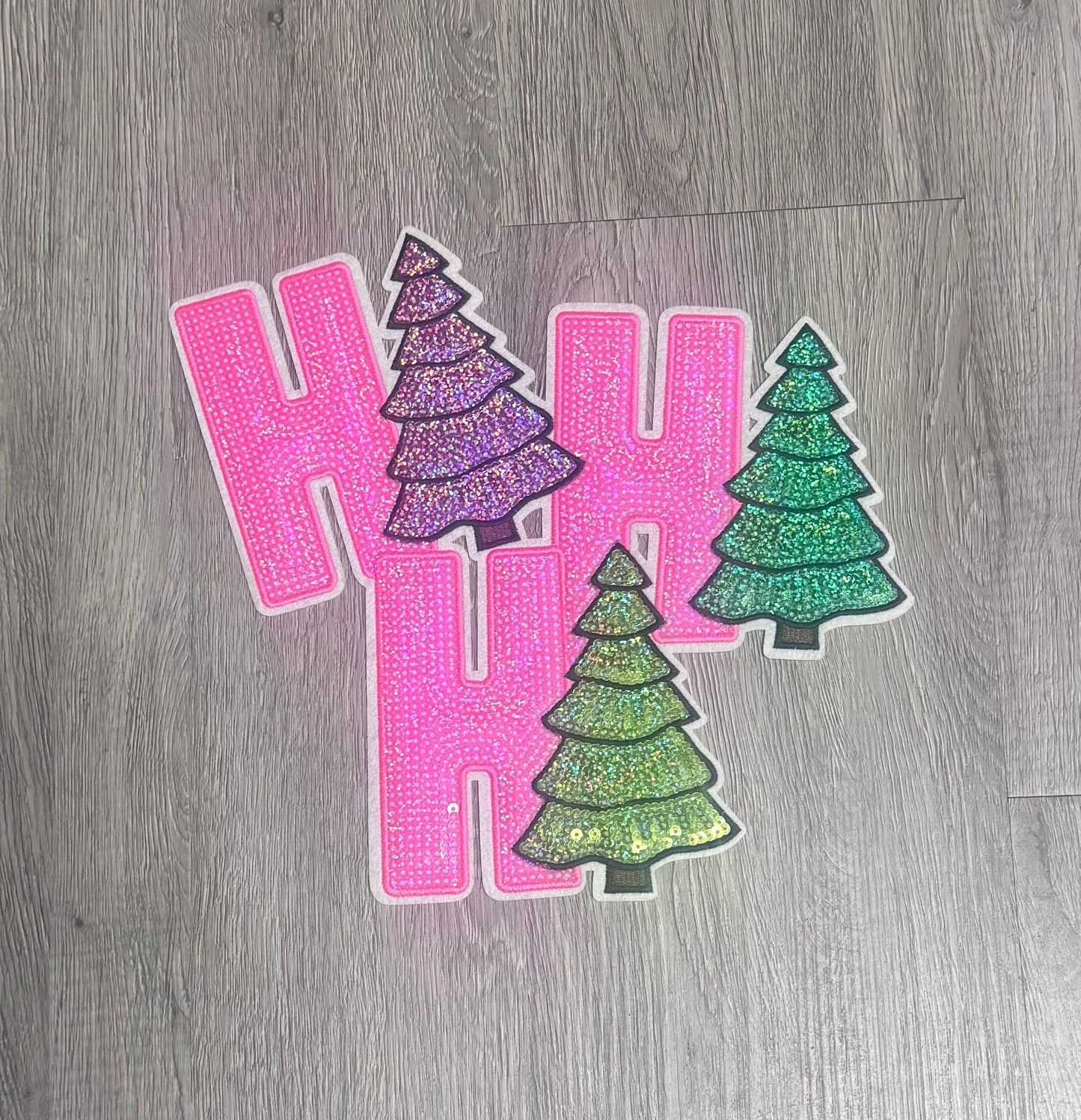 Sequin Ho Ho Ho with Christmas Trees, Pink Patch, Christmas Patch, Iron on Patch, Sequin Patch, Pink Christmas Patch