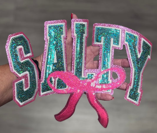 Salty Patch, Salty Sequin Bow Patch, Pink Glitter Backing, Iron on Patch, DIY