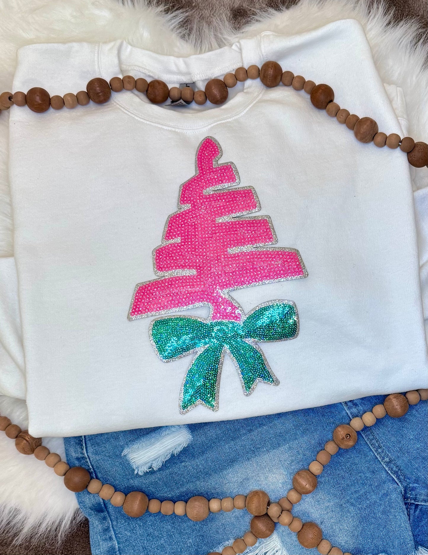 Christmas Tree Sequin Patch, Pink and Green Patch- Iron on Applique (11 inch)