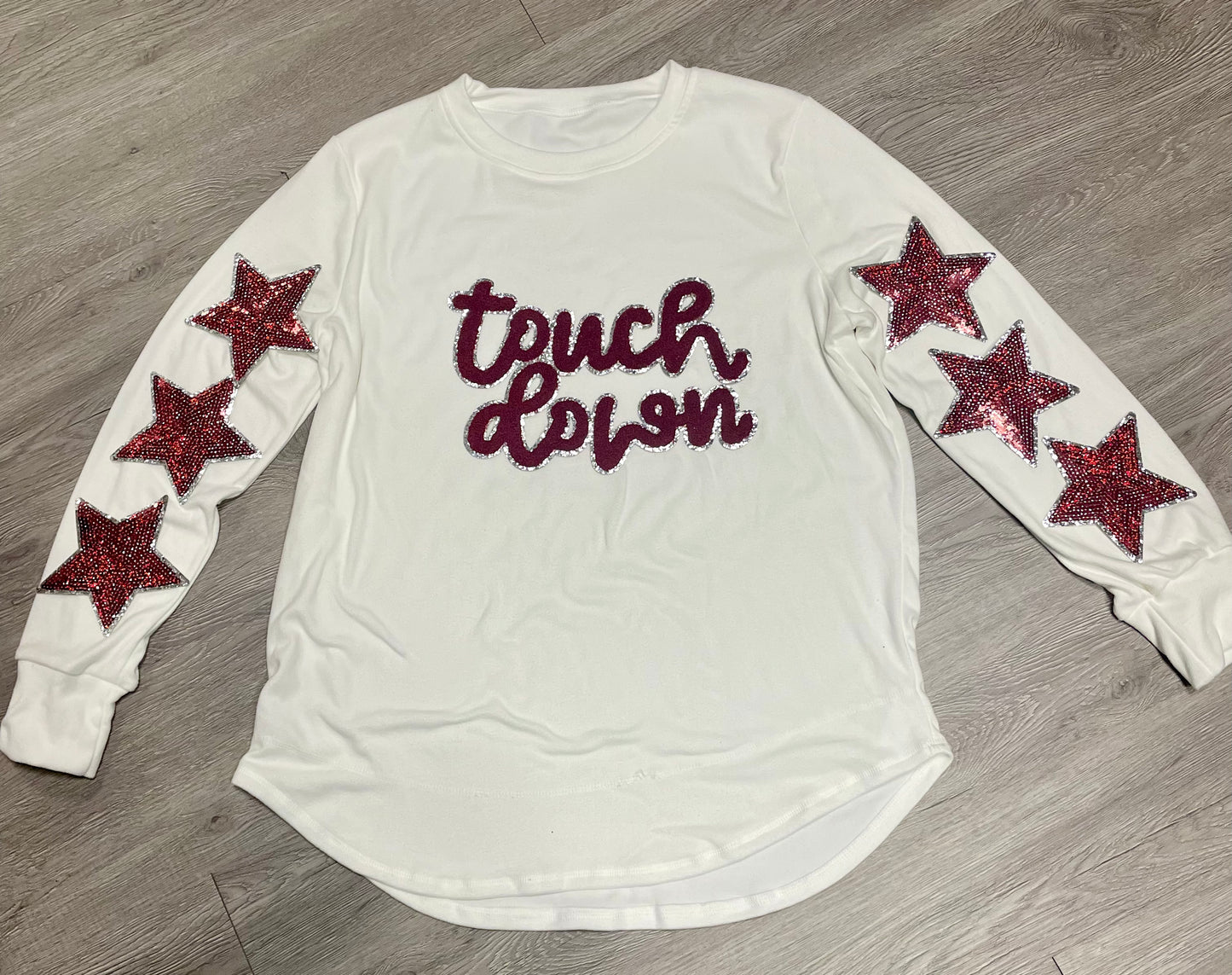 Touch Down Crimson/Maroon Game Day Chenille Patch, Sequin Star Patch, DIY patch, iron on patch, Silver glitter backing
