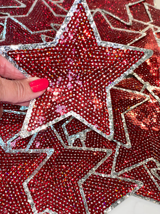 Star Patch, Sequin Star Patch, Crimson and Silver 5" Sequin Star Patch, Iron on Patch, DIY, Trucker Hat Patch, Preppy Patch Trendy Patch Patch, Sequin Star