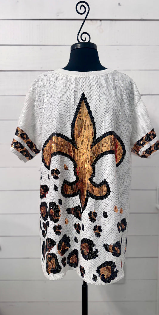 Exclusive Sequin Jersey Dress, Leopard Fleur De Lis, White and Gold Leopard Sequin Jersey Dress, Football Jersey Dress, Football Sequin Dress, New Orleans Attire