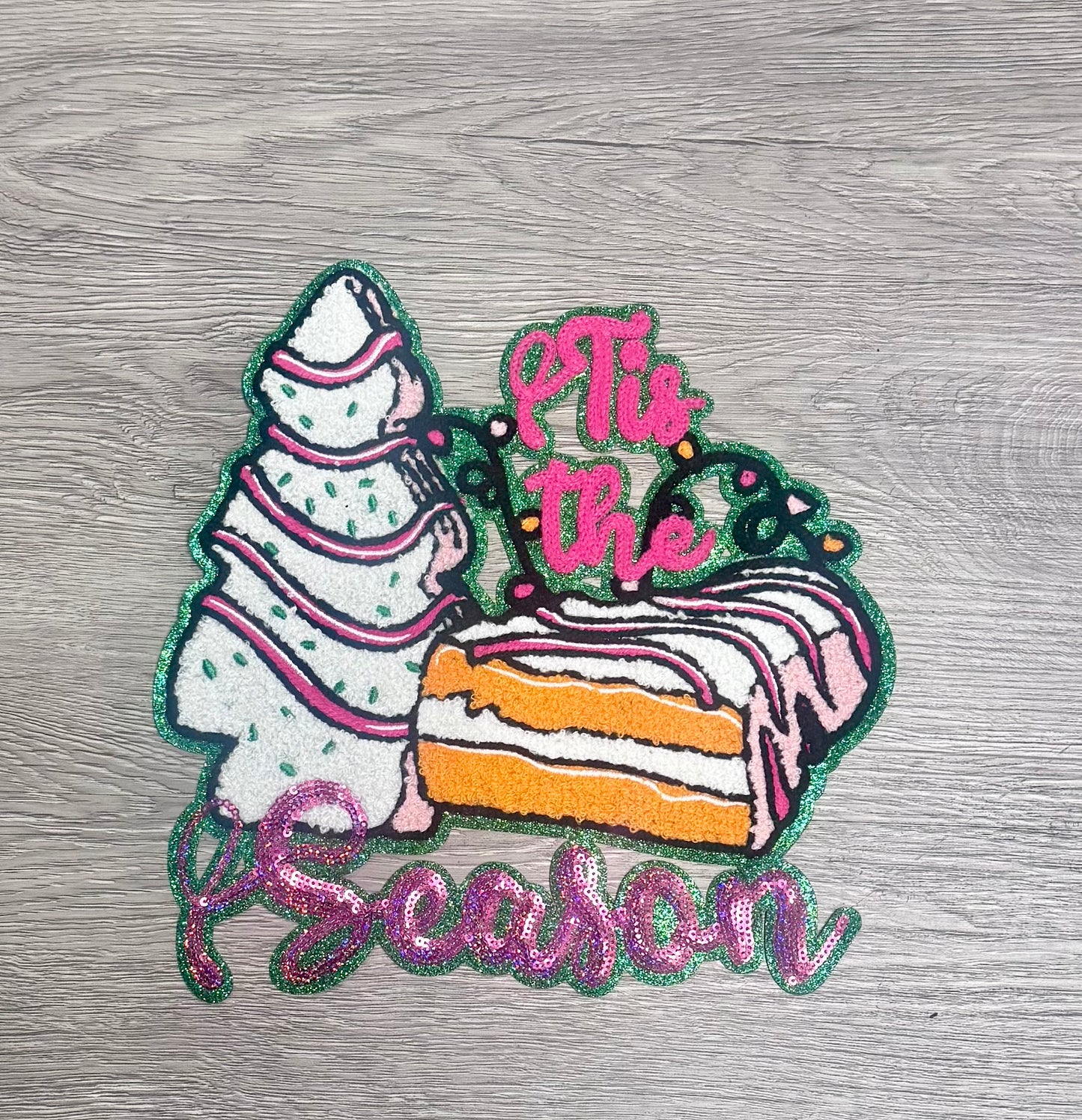 Pink Tis The Season Christmas Cake Patch, Green Glitter Backing, Iron On, DIY patch, Christmas Patch