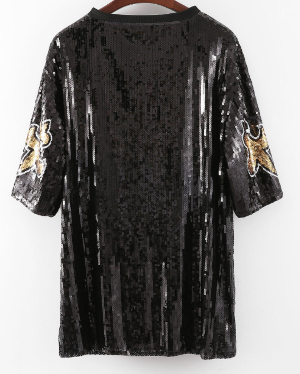 Fleur-De-Lis Sequin Dress, New Orleans Attire, Ladies Black and Gold Sequin Jersey Dress, Women’s Sequin Dress, Bling Dress