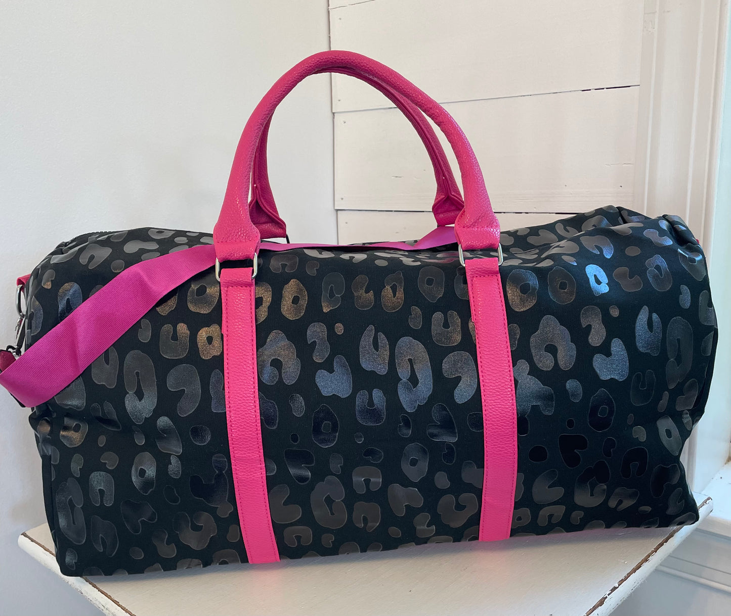Black Leopard with Hot Pink Weekender Duffle /Gorgeous Weekender/Luggage/ Black Leopard Travel Bag/ PU Leather PU Leather Duffel/Weekender Bag Duffel/Weekender Bag PU Leather
