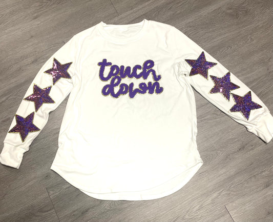 Touch Down Purple Game Day Chenille Patch, Sequin Star Patch, DIY patch, Iron on Patch, Gold glitter backing