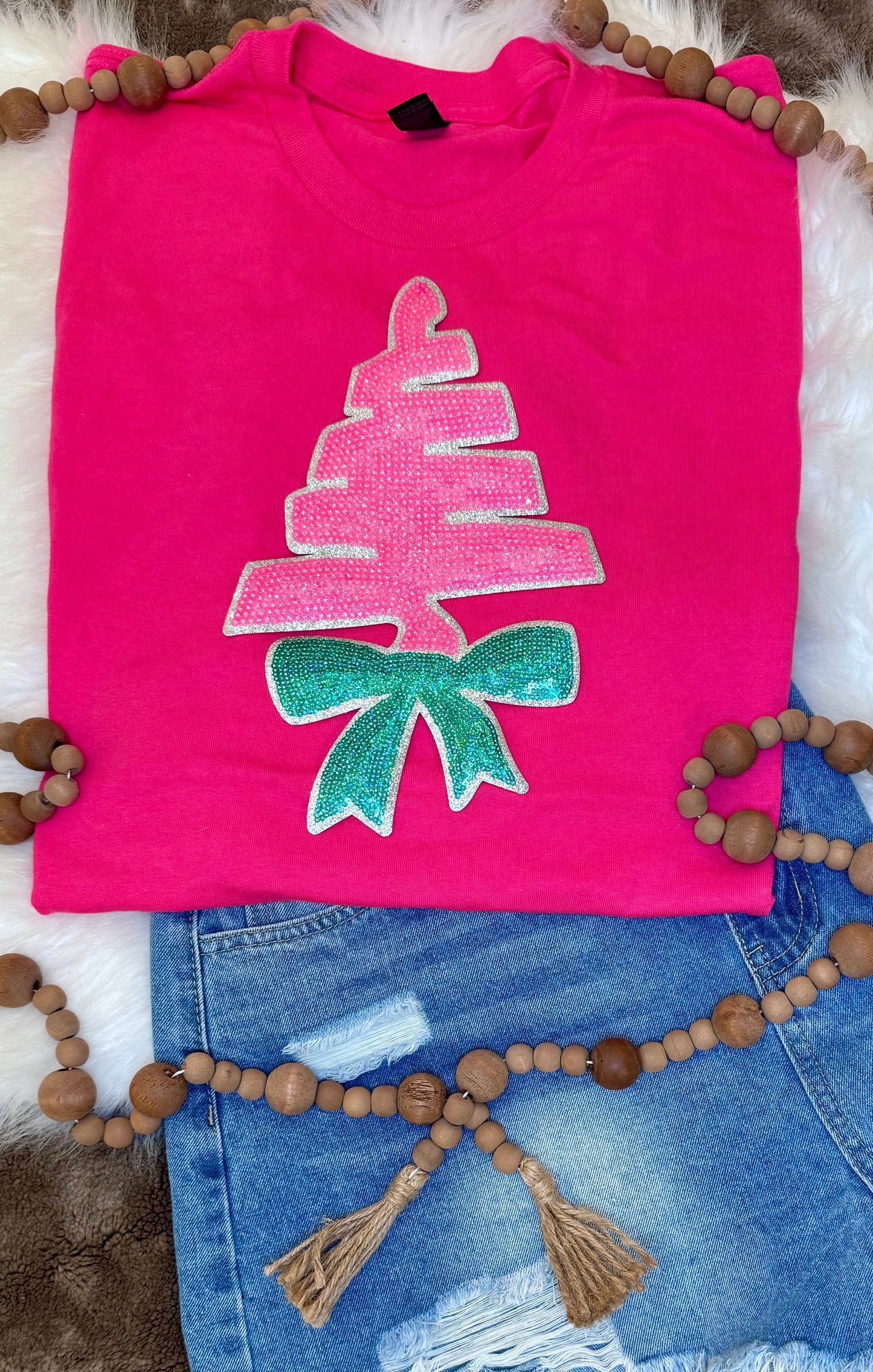 Christmas Tree Sequin Patch, Pink and Green Patch- Iron on Applique (11 inch)