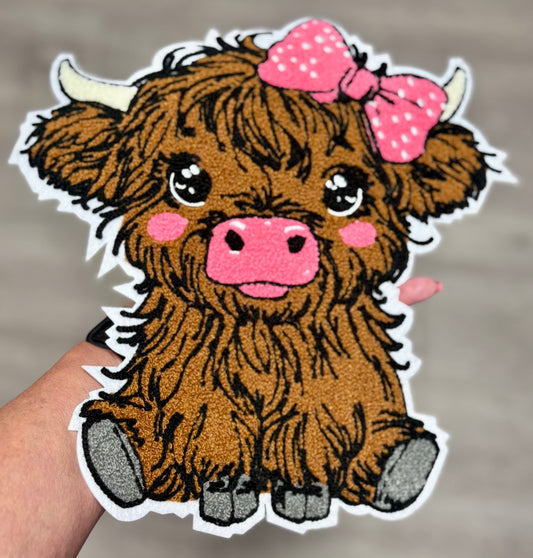 Highland Cow Patch, 11 in Patch, Chenille Patch, Cow Patch, Pink Patch, Farm Patch, Iron on Patch, DIY