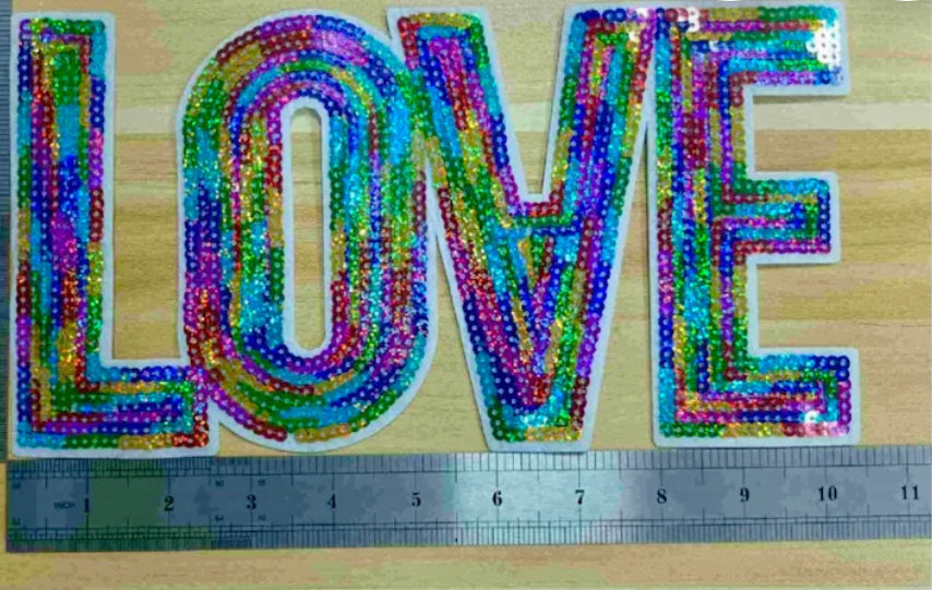 Valentine Rainbow LOVE Sequin Patches-Heat Press-Iron On