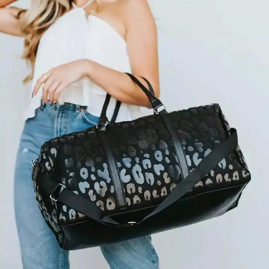 Black Leopard with Hot Pink Weekender Duffle /Gorgeous Weekender/Luggage/ Black Leopard Travel Bag/ PU Leather PU Leather Duffel/Weekender Bag Duffel/Weekender Bag PU Leather