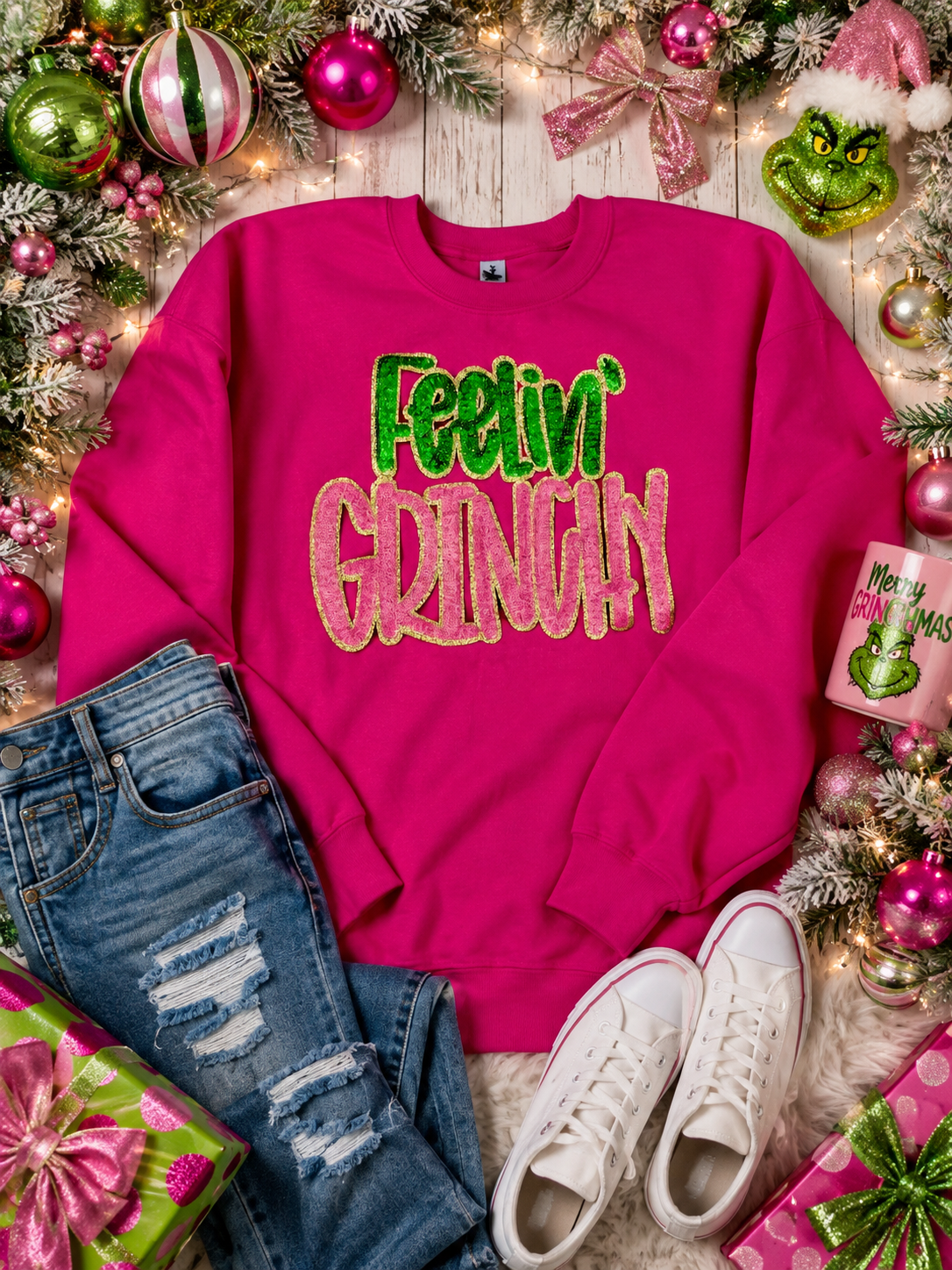 Sequin Feelin Grinchy Patch: Christmas Applique - 11 inch patch