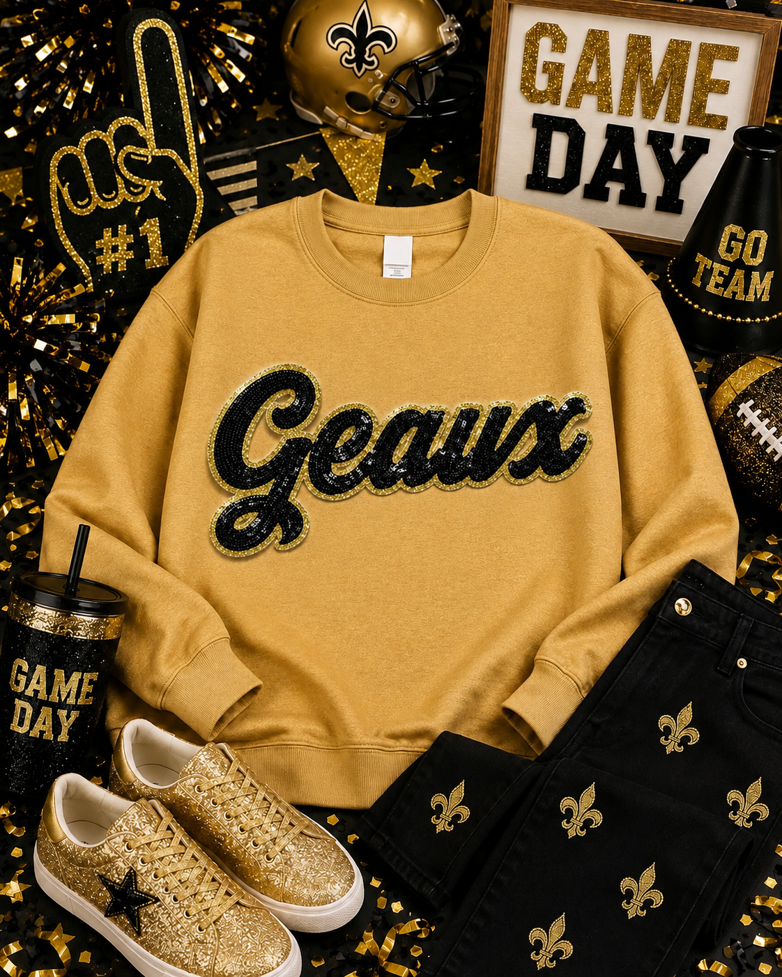 Black Sequin Script Geaux Patch: Gold Glitter Iron on Applique