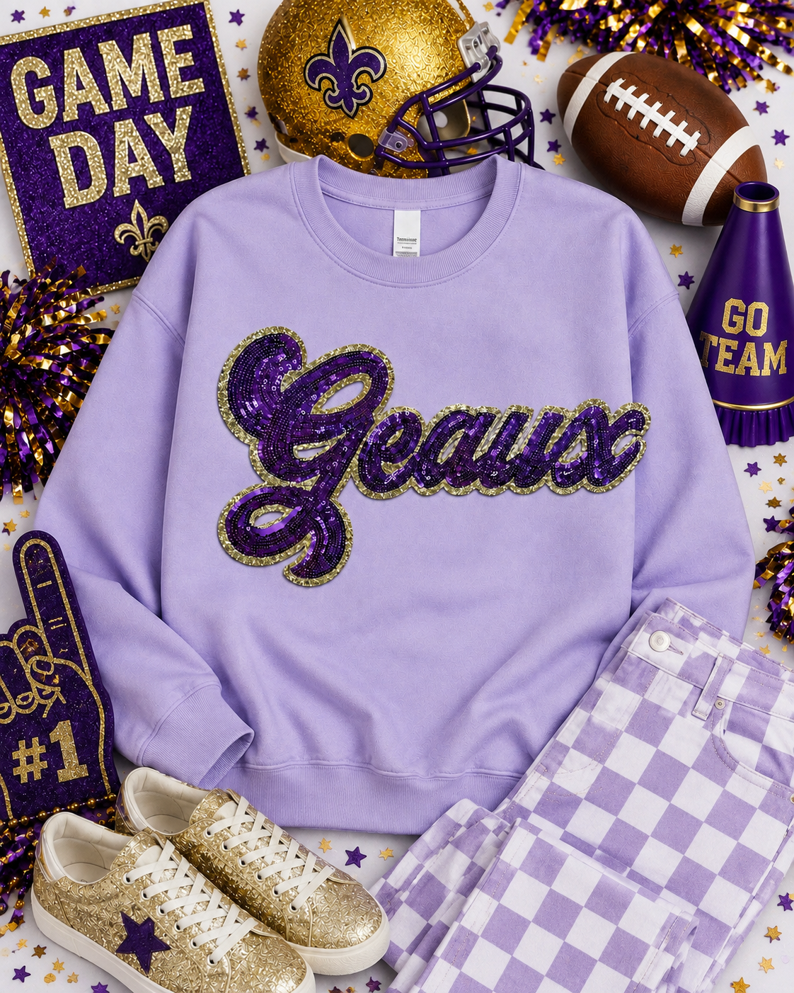Sequin Script Geaux Patch: Gold Glitter Iron on Applique