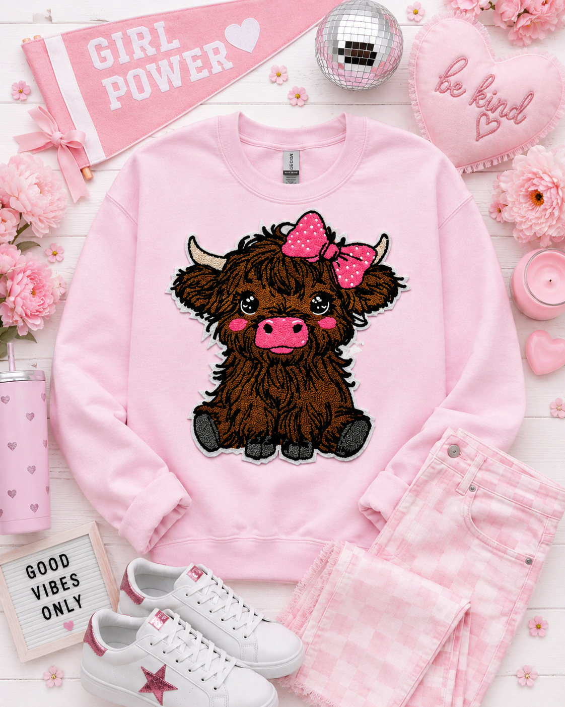 Highland Cow Patch, 11 in Patch, Chenille Patch, Cow Patch, Pink Patch, Farm Patch, Iron on Patch, DIY