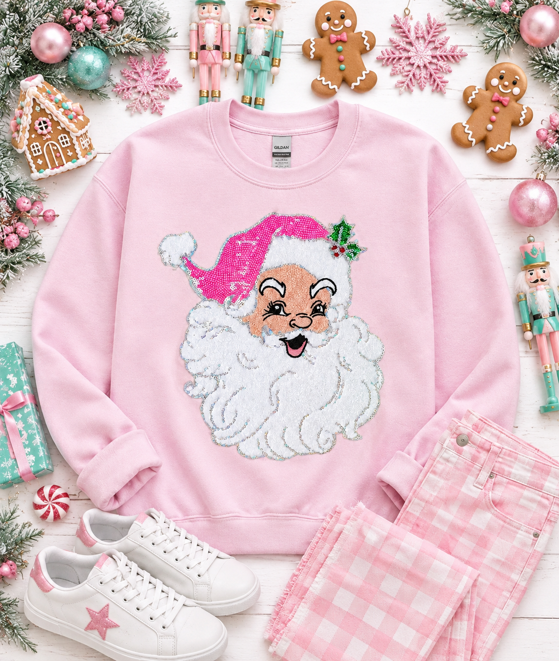 Pink Sequin Santa Patch: 9-inch Youth Christmas Iron-On Applique