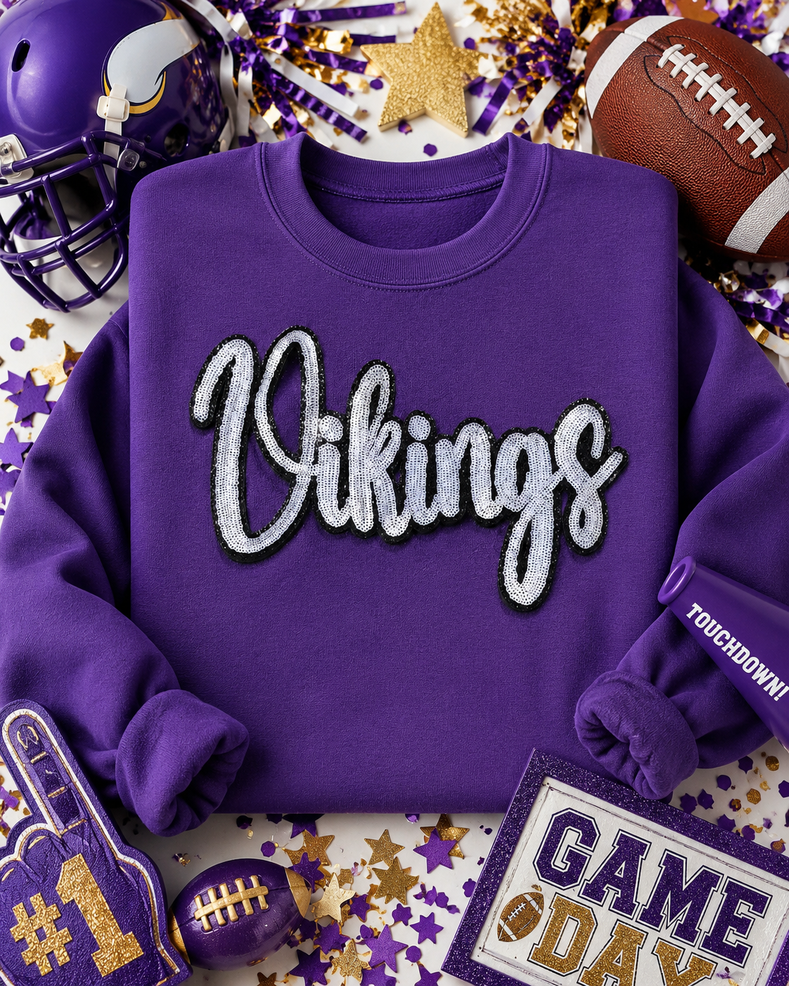Sequin Vikings Patch: Black Glitter Iron-On Sports Patch