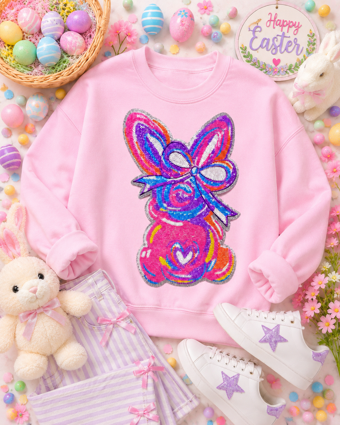 Easter Patches, Sequin Bunny Patch: Sequin Iron-On Applique (10.75” x 7”)