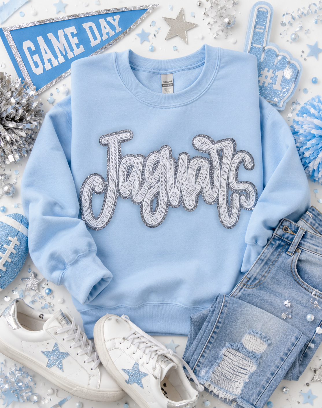 Sequin Jaguars Patch: 11" White & Silver Glitter Iron-On, DIY, Iron on Patches