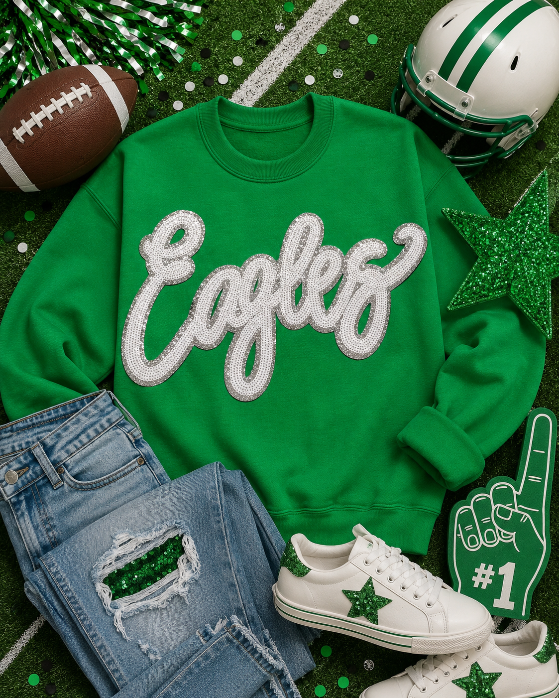 Sequin Eagles Patch, Mascot Sequin Patch, Game Day Patch, DIY patch, Iron on Patch, Silver Glitter Backing