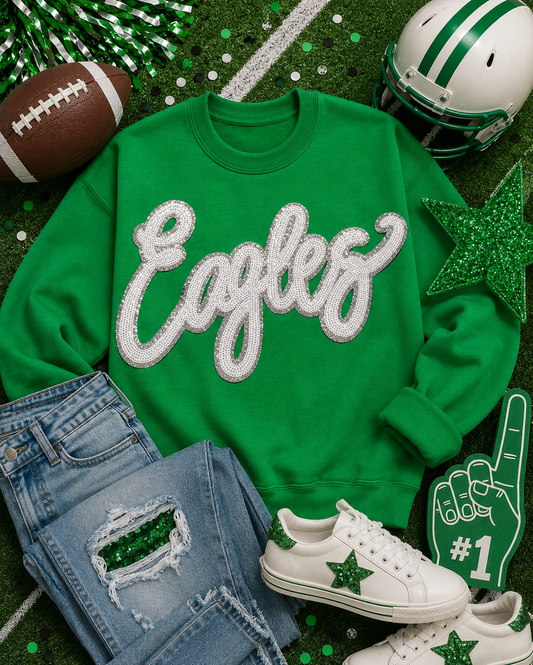 Sequin Eagles Patch, Mascot Sequin Patch, Game Day Patch, DIY patch, Iron on Patch, Silver Glitter Backing