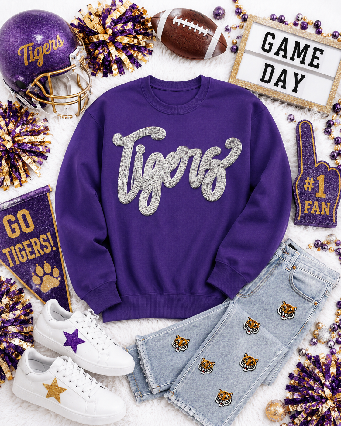 Sequin Tigers Patch: 11" White & Silver Glitter Iron-On, DIY