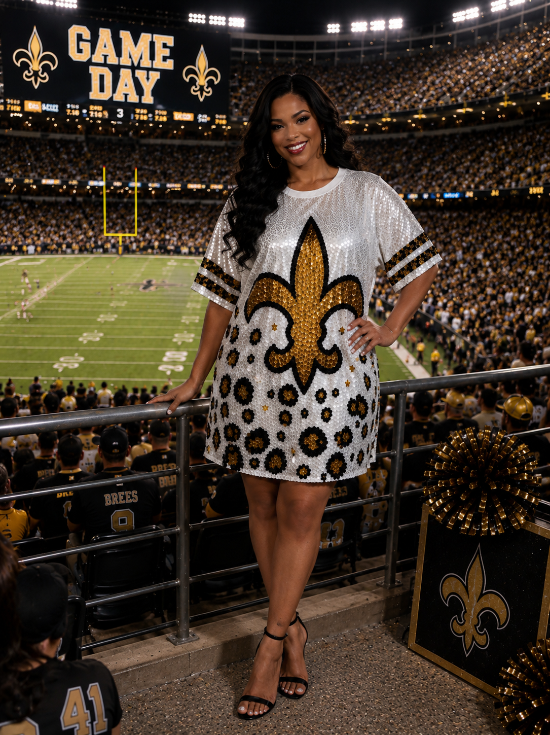Exclusive Sequin Jersey Dress, Leopard Fleur De Lis, White and Gold Leopard Sequin Jersey Dress, Football Jersey Dress, Football Sequin Dress, New Orleans Attire