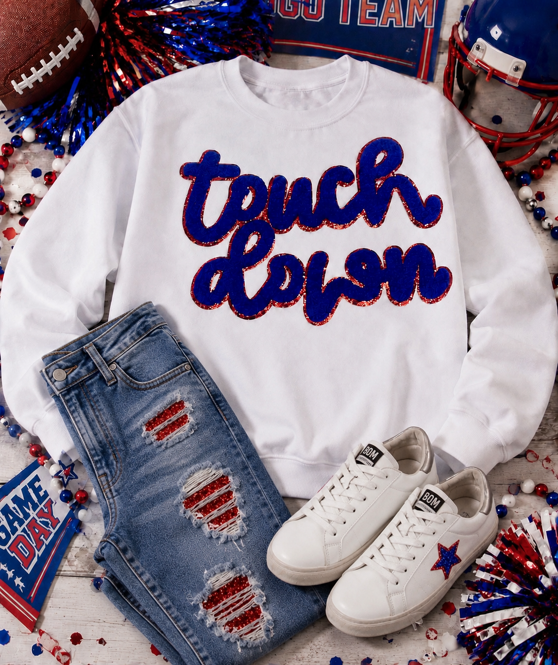 Touch Down Royal Blue Game Day Chenille Patch, Sequin Star Patch, DIY patch, Iron on Patch, Red glitter backing