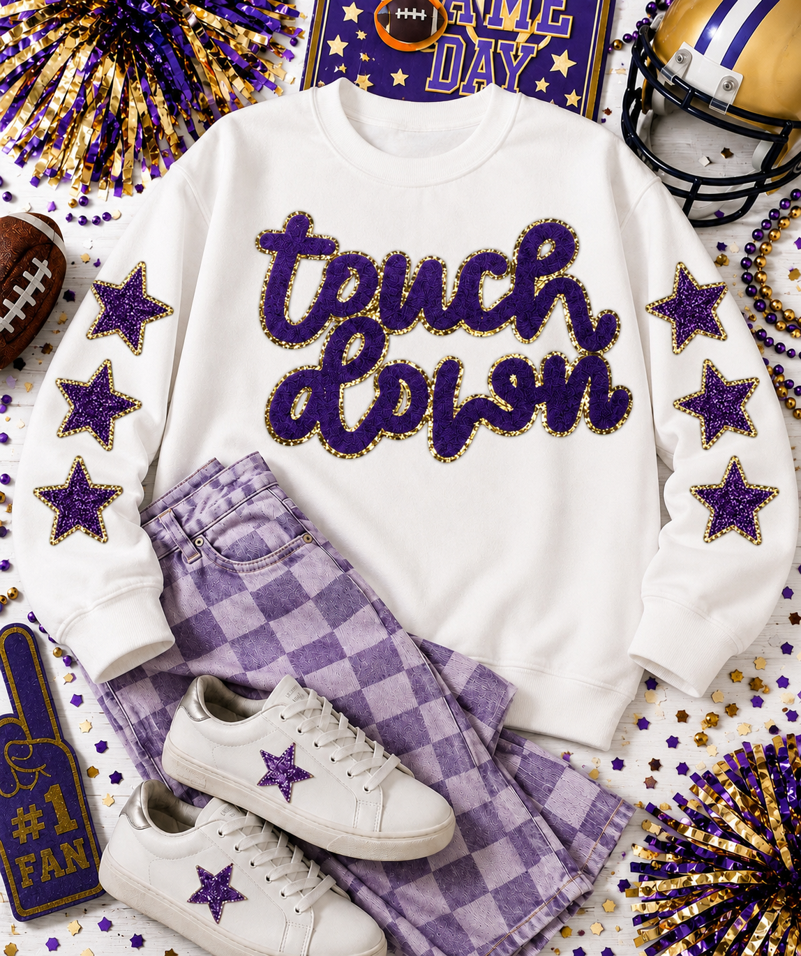 Touch Down Purple Game Day Chenille Patch, Sequin Star Patch, DIY patch, Iron on Patch, Gold glitter backing
