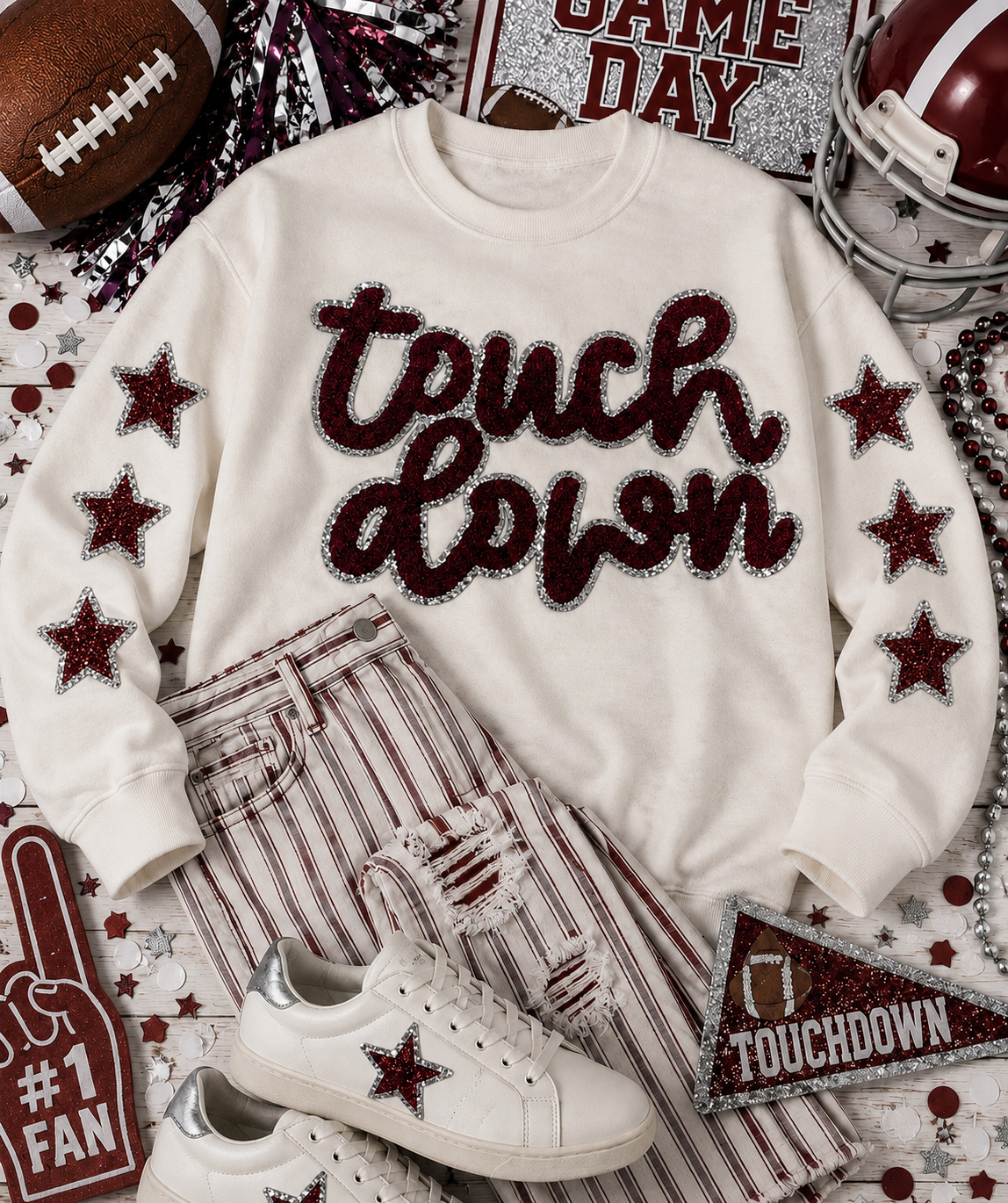 Touch Down Crimson/Maroon Game Day Chenille Patch, Sequin Star Patch, DIY patch, iron on patch, Silver glitter backing