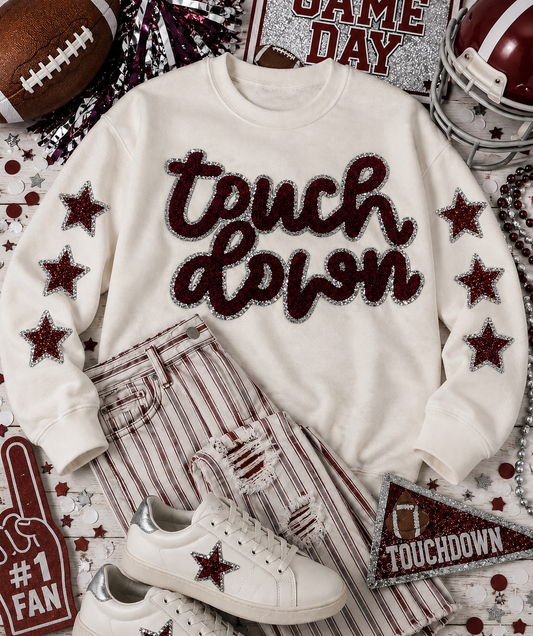 Touch Down Crimson/Maroon Game Day Chenille Patch, Sequin Star Patch, DIY patch, iron on patch, Silver glitter backing