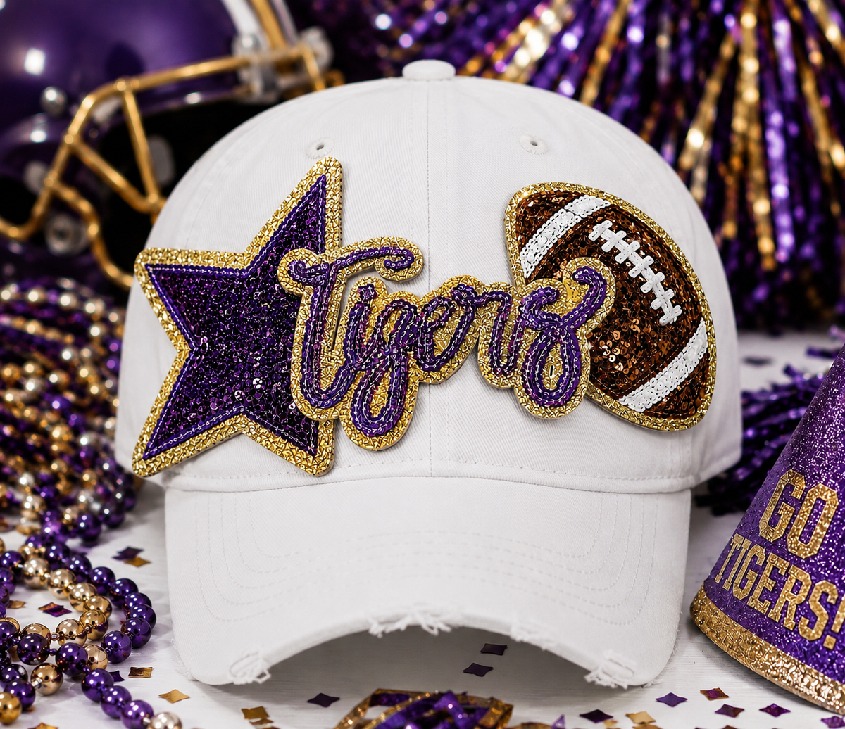Tigers Patch, 4" Trucker Hat Patch, Sequin Patch, Football Patch, Tigers Purple Game Day, Sequin Patch,  DIY, Iron on Patch, Gold glitter backing
