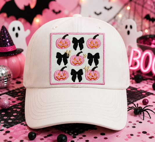 Pink Pumpkin and Black Bow Trucker Hat Patch, Halloween DIY Applique