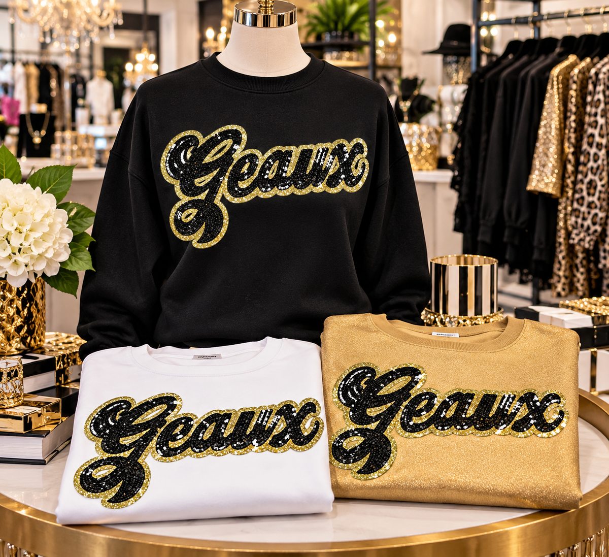 Black Sequin Script Geaux Patch: Gold Glitter Iron on Applique