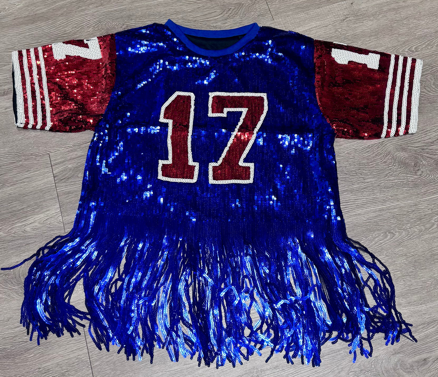 Buffalo Sequin Jersey Fringe Top: Blue & Red Game Day, New York Attire