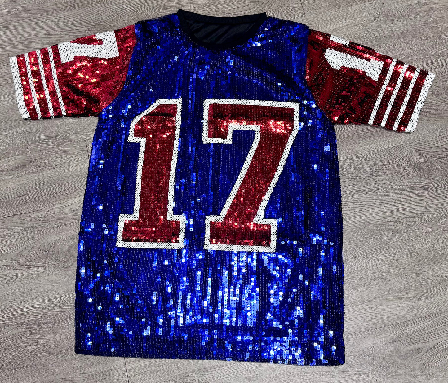 Buffalo Sequin Jersey Dress: Blue & Red Game Day, New York Attire
