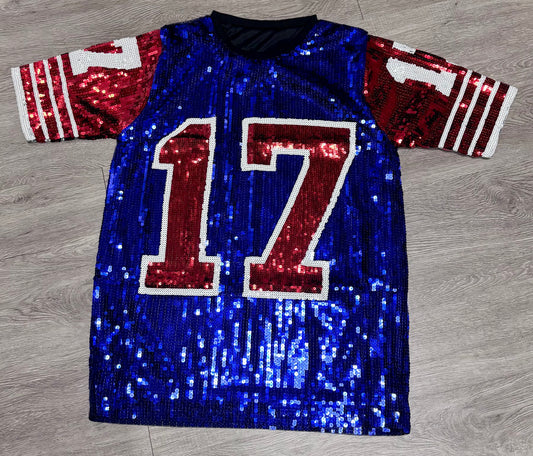 Buffalo Sequin Jersey Dress: Blue & Red Game Day, New York Attire