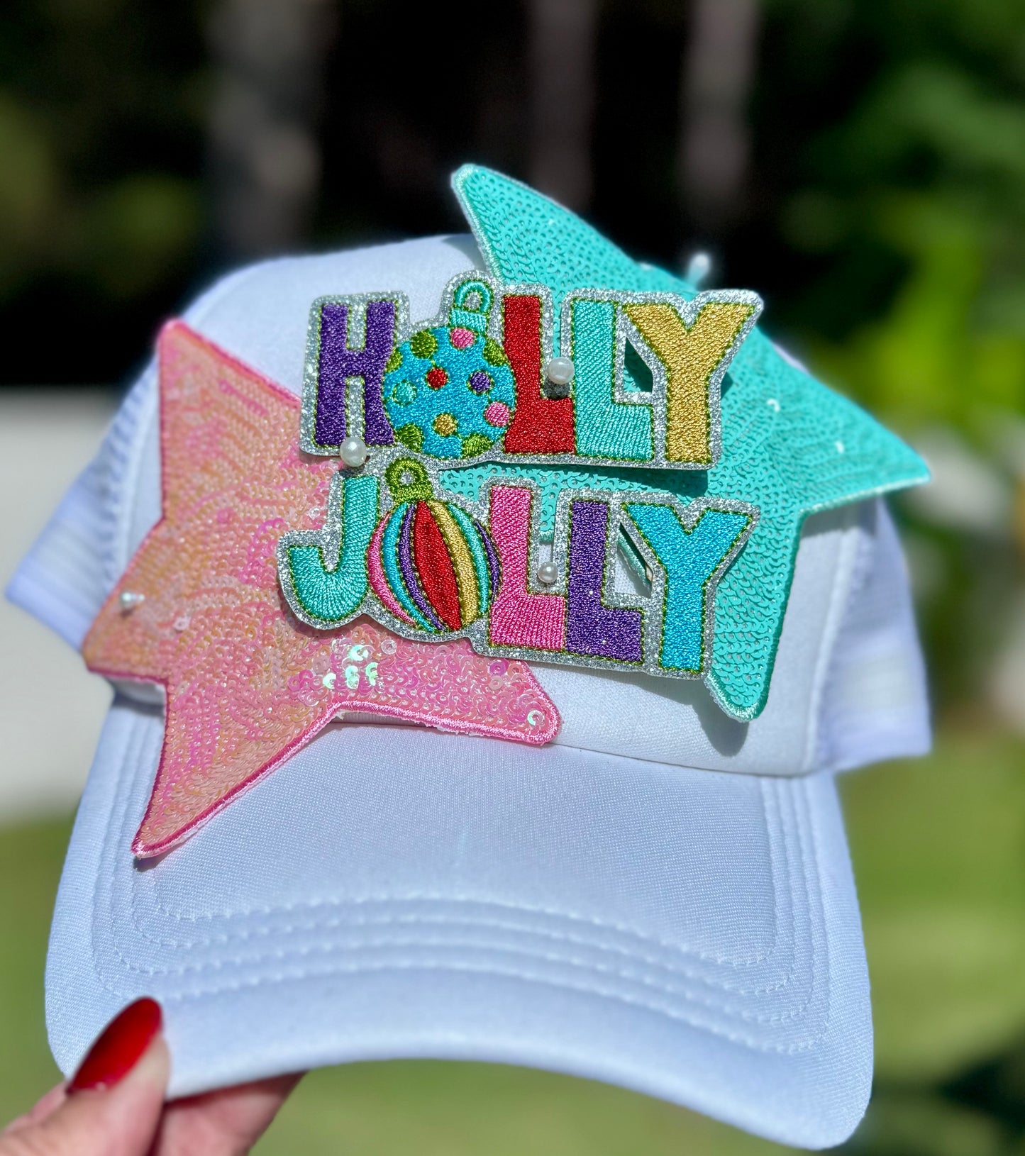 Holly Jolly Patch: , Iron-On Christmas Trucker Hat Patch