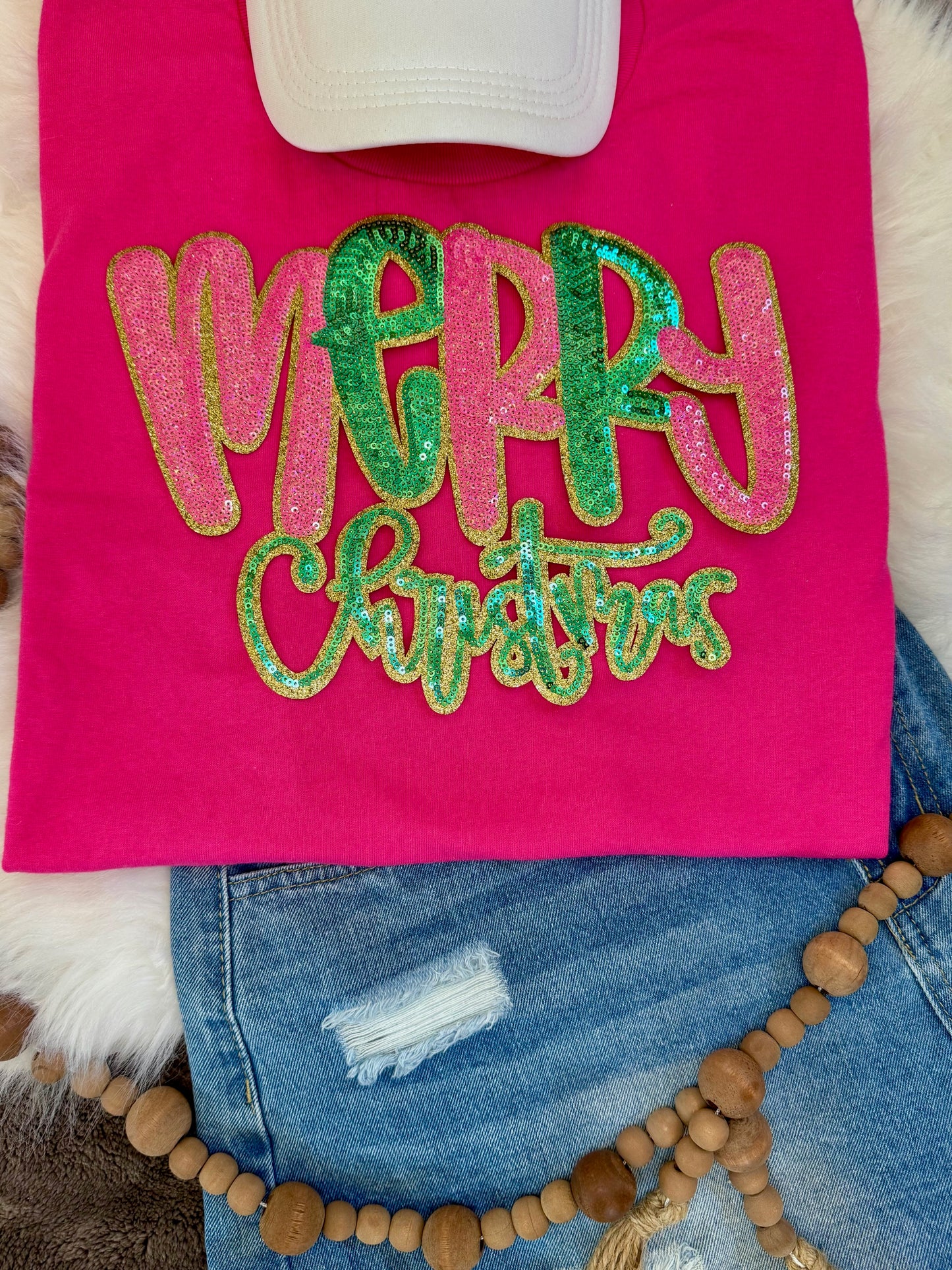 Merry Christmas Patch: Christmas Applique - 11 inch patch, Sequin Patch